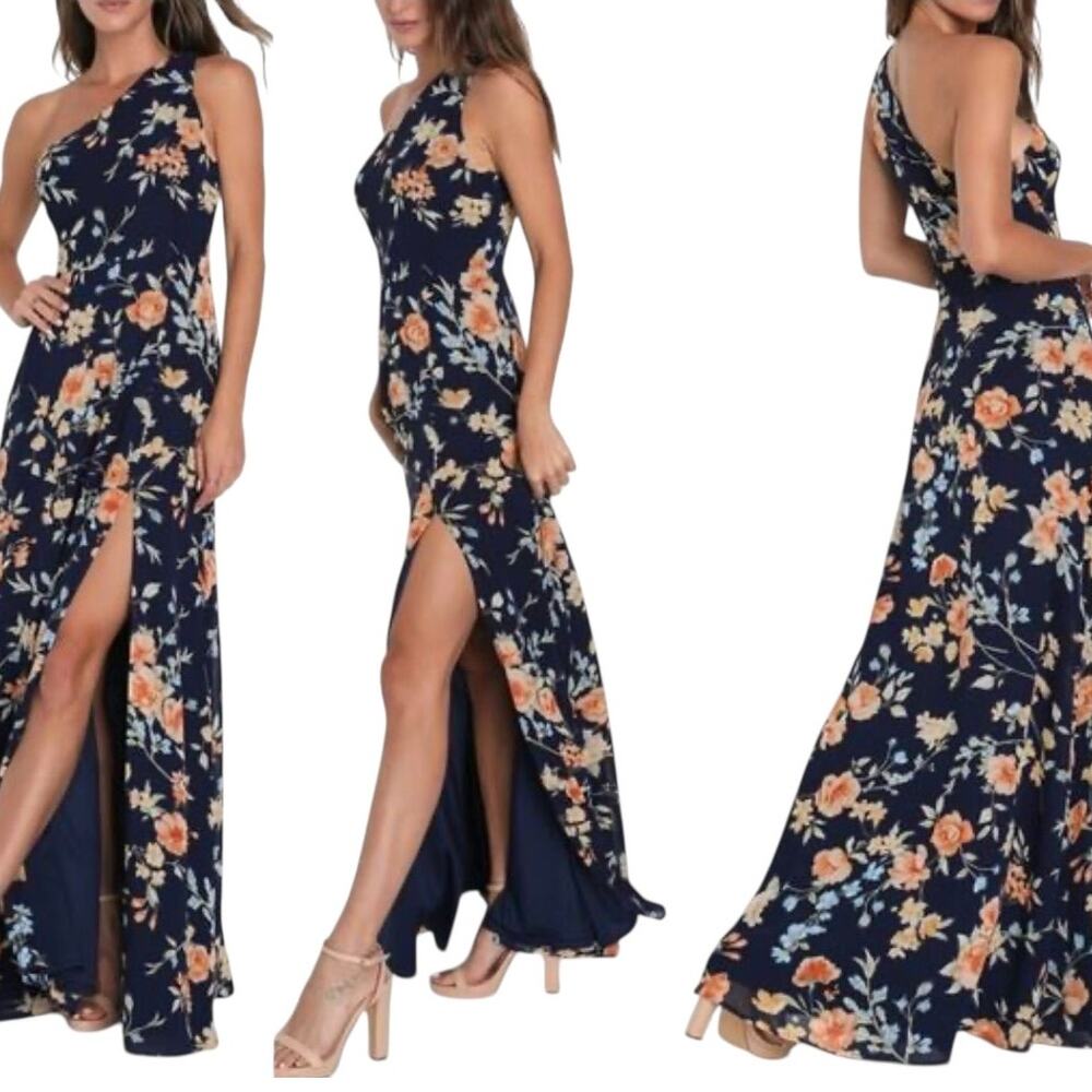 NEW BNWT Lulus Elegant Admiration Navy Floral One Shoulder Maxi Dress Sz Small - Picture 4 of 11